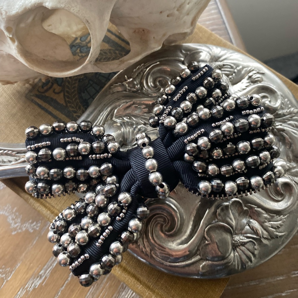 Elegant Black and Silver Beaded Bow Hair Clip or Bag Charm